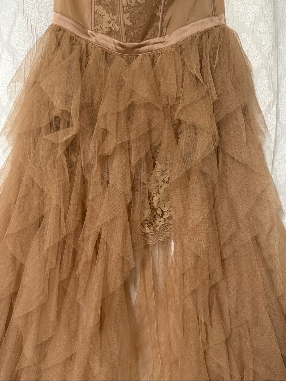 REVOLVE For The Love Of Lemons Nude Strapless Lace Bustier Tiered Tulle Gown - Picture 7 of 10